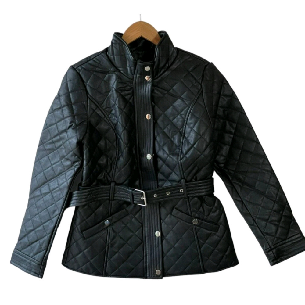Guess Women's Size M  Black Quilted Belted Faux Leather Snap& Zip Coat Like New
